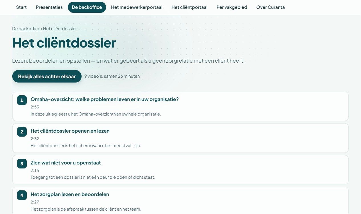 presentatie.curanta.nl: het onderdeel 'Het cliëntdossier' met negen schermvideo's uit Curanta zelf, van het Omaha-overzicht tot het zorgplan lezen en beoordelen.